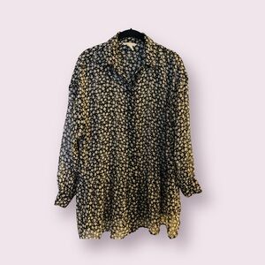 H&M Boho Black With White Floral Print Sheer Ruffled Blouse, Women’s Size 4